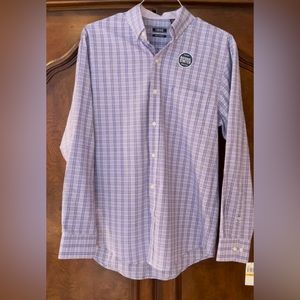 IZOD Mens dress shirt. Purple and white checker. Size small.